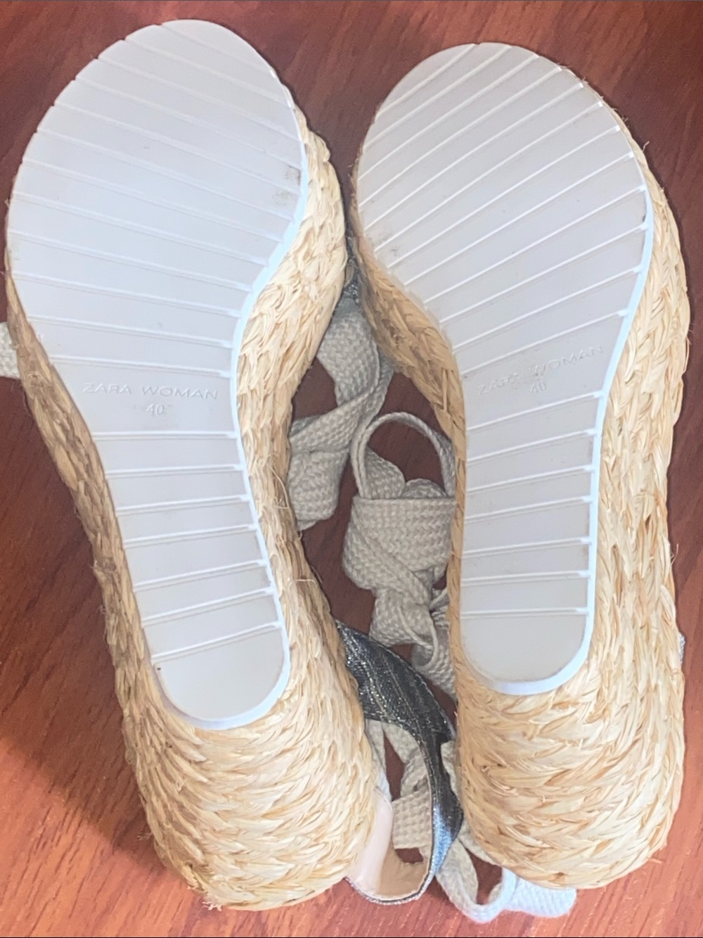 Zara Blue Striped Espadrille Wedge Sandals with Cream Ankle Ties Size 9 - Picture 5 of 8